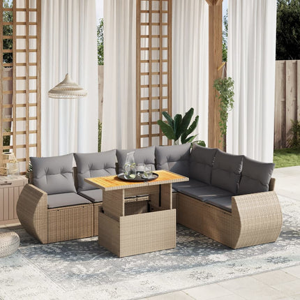 Matgrupp för trädgården med dynor 7 delar beige konstrotting