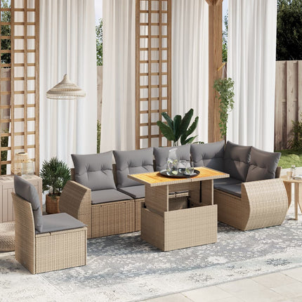 Matgrupp för trädgården med dynor 7 delar beige konstrotting