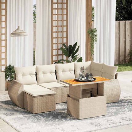 Matgrupp för trädgården med dynor 7 delar beige konstrotting