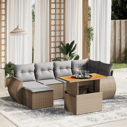 Matgrupp för trädgården med dynor 7 delar beige konstrotting