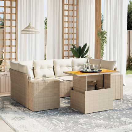 Matgrupp för trädgården med dynor 7 delar beige konstrotting