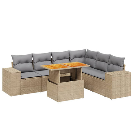 Matgrupp för trädgården med dynor 7 delar beige konstrotting