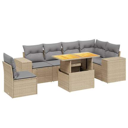 Matgrupp för trädgården med dynor 7 delar beige konstrotting