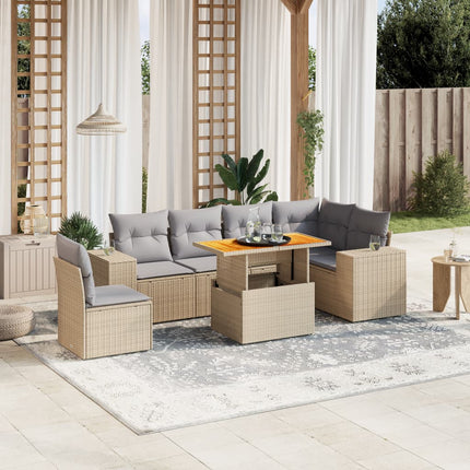 Matgrupp för trädgården med dynor 7 delar beige konstrotting