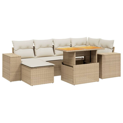 Matgrupp för trädgården med dynor 7 delar beige konstrotting