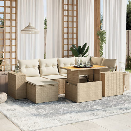 Matgrupp för trädgården med dynor 7 delar beige konstrotting