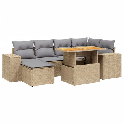 Matgrupp för trädgården med dynor 7 delar beige konstrotting
