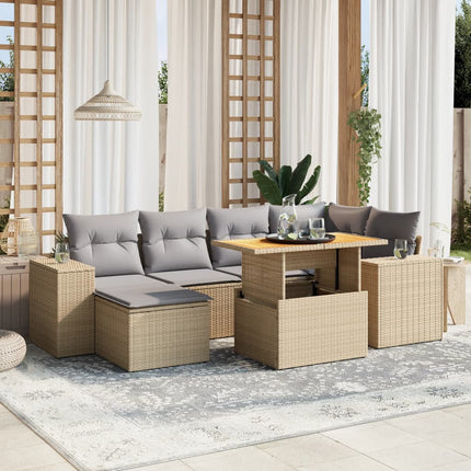 Matgrupp för trädgården med dynor 7 delar beige konstrotting