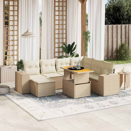 Matgrupp för trädgården med dynor 8 delar beige konstrotting