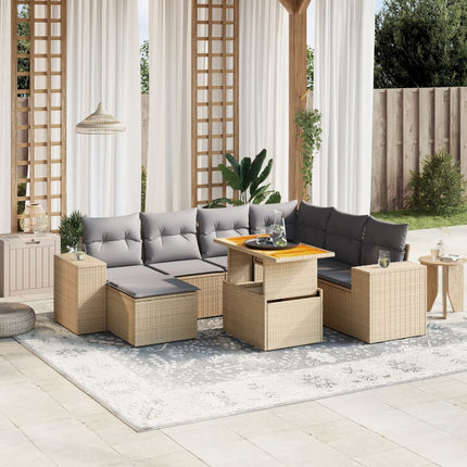Matgrupp för trädgården med dynor 8 delar beige konstrotting