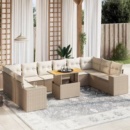 Loungegrupp för trädgården m. dynor 11 delar beige konstrotting