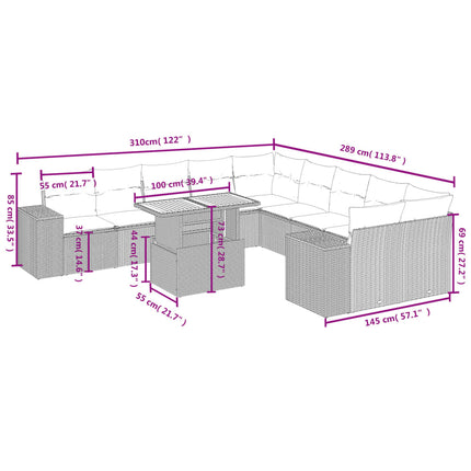 Loungegrupp för trädgården m. dynor 11 delar beige konstrotting