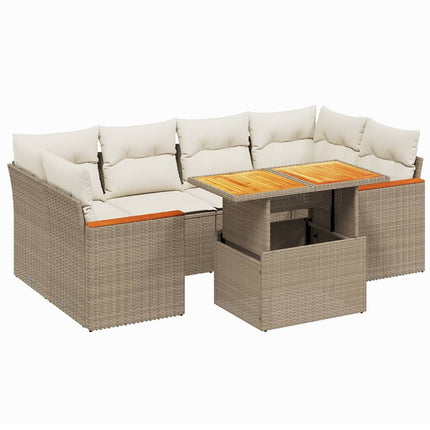 Matgrupp för trädgården med dynor 7 delar beige konstrotting