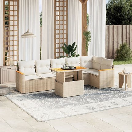 Matgrupp för trädgården med dynor 7 delar beige konstrotting