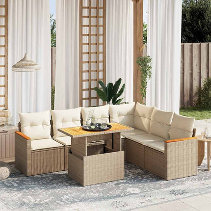 Matgrupp för trädgården med dynor 7 delar beige konstrotting