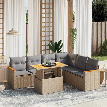 Matgrupp för trädgården med dynor 7 delar beige konstrotting