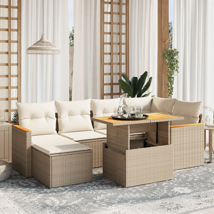 Matgrupp för trädgården med dynor 7 delar beige konstrotting