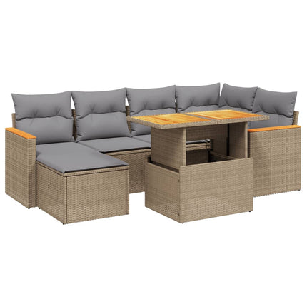 Matgrupp för trädgården med dynor 7 delar beige konstrotting