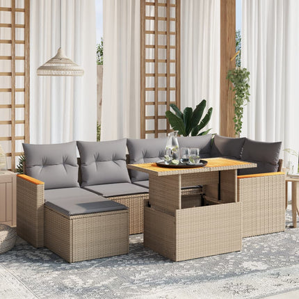 Matgrupp för trädgården med dynor 7 delar beige konstrotting
