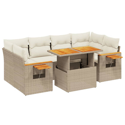 Matgrupp för trädgården med dynor 7 delar beige konstrotting