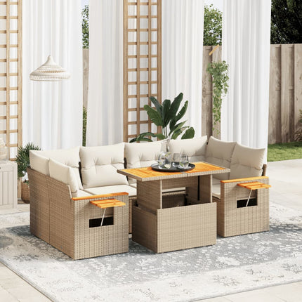 Matgrupp för trädgården med dynor 7 delar beige konstrotting