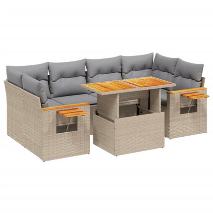 Matgrupp för trädgården med dynor 7 delar beige konstrotting
