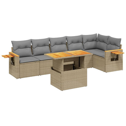 Matgrupp för trädgården med dynor 7 delar beige konstrotting