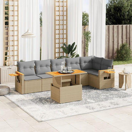 Matgrupp för trädgården med dynor 7 delar beige konstrotting
