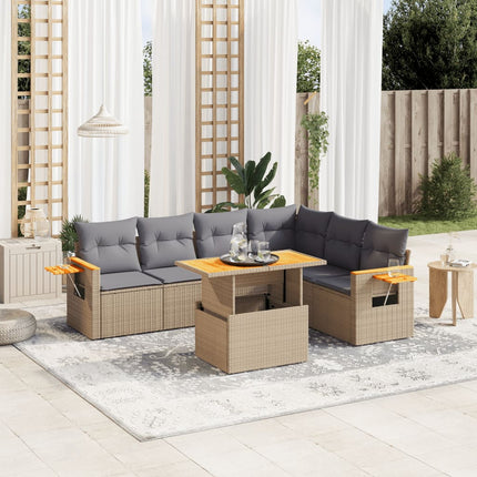 Matgrupp för trädgården med dynor 7 delar beige konstrotting