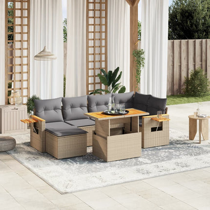 Matgrupp för trädgården med dynor 7 delar beige konstrotting