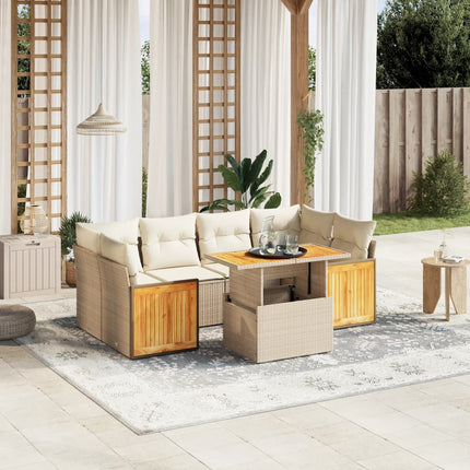 Matgrupp för trädgården med dynor 7 delar beige konstrotting