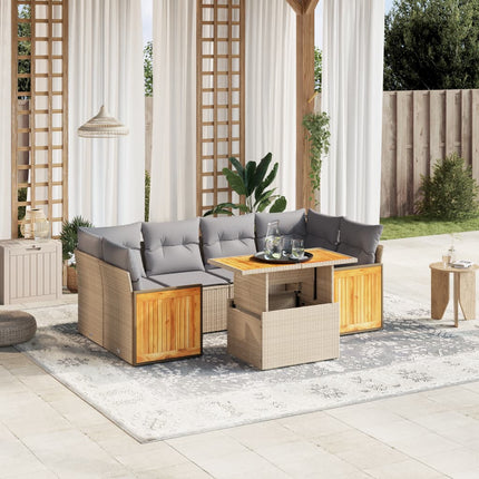 Matgrupp för trädgården med dynor 7 delar beige konstrotting
