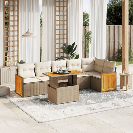 Matgrupp för trädgården med dynor 7 delar beige konstrotting