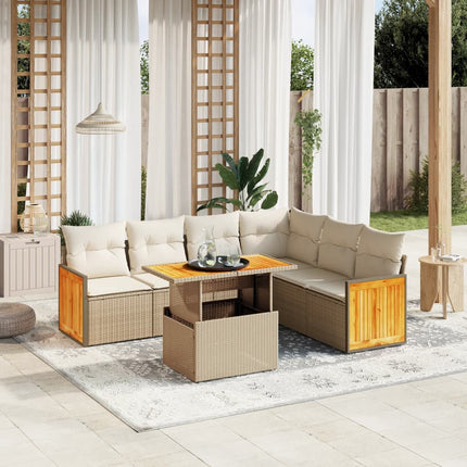 Matgrupp för trädgården med dynor 7 delar beige konstrotting