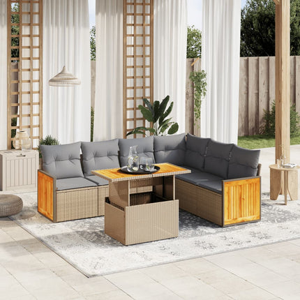 Matgrupp för trädgården med dynor 7 delar beige konstrotting