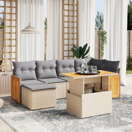 Matgrupp för trädgården med dynor 7 delar beige konstrotting