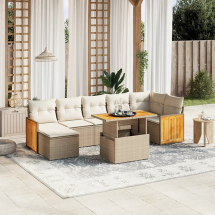 Matgrupp för trädgården med dynor 8 delar beige konstrotting