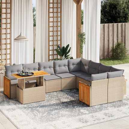 Soffgrupp för trädgård med dynor 10 delar beige konstrotting