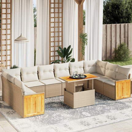 Loungegrupp för trädgården m. dynor 11 delar beige konstrotting