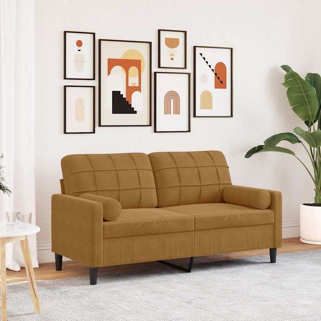 2-sitssoffa med prydnadskuddar brun 140 cm sammet