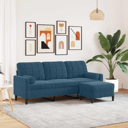 3-sitssoffa med fotpall blå 180 cm sammet