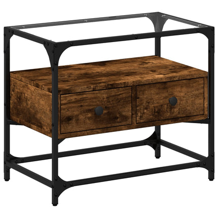 Tv-bänk med glasskiva rökfärgad ek 60x35x51 cm konstruerat trä