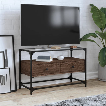 Tv-bänk med glasskiva brun ek 80x35x51 cm konstruerat trä