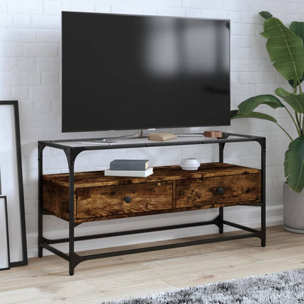 Tv-bänk med glasskiva rökfärgad ek 98x35x51 cm konstruerat trä