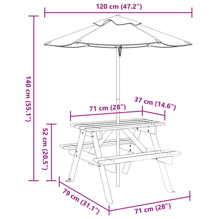 Picknickbord med parasoll för 4 barn massivt granträ