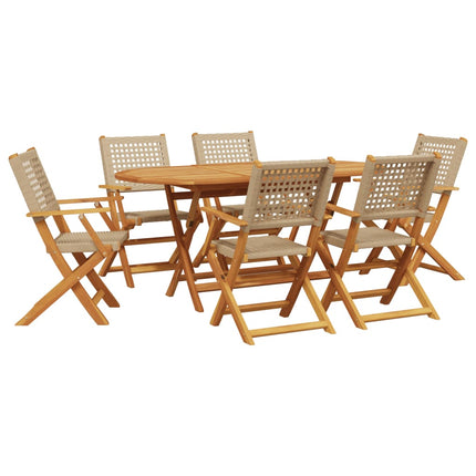 Matgrupp för trädgården 7 delar beige konstrotting/massivt trä