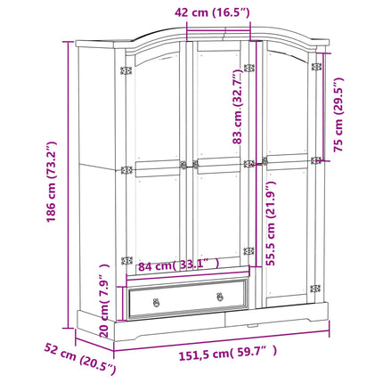 Garderob Corona 151,5x52x186 cm massiv furu