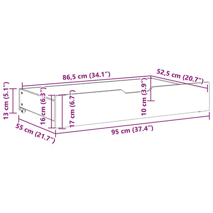 Sänglådor med hjul 2 st 95x55x17 cm massiv furu