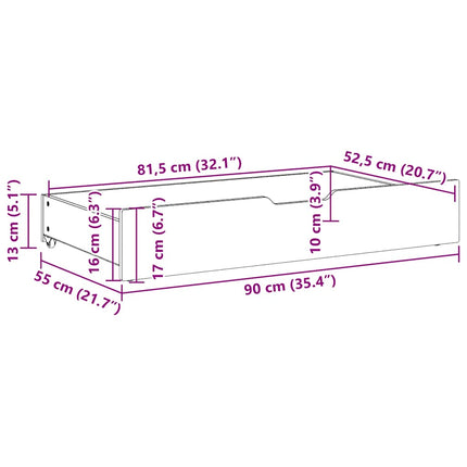 Sänglådor med hjul 2 st 90x55x17 cm massiv furu