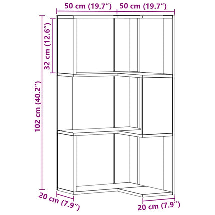 Bokhylla hörn 3 hyllplan ek 50x50x102 cm konstruerat trä